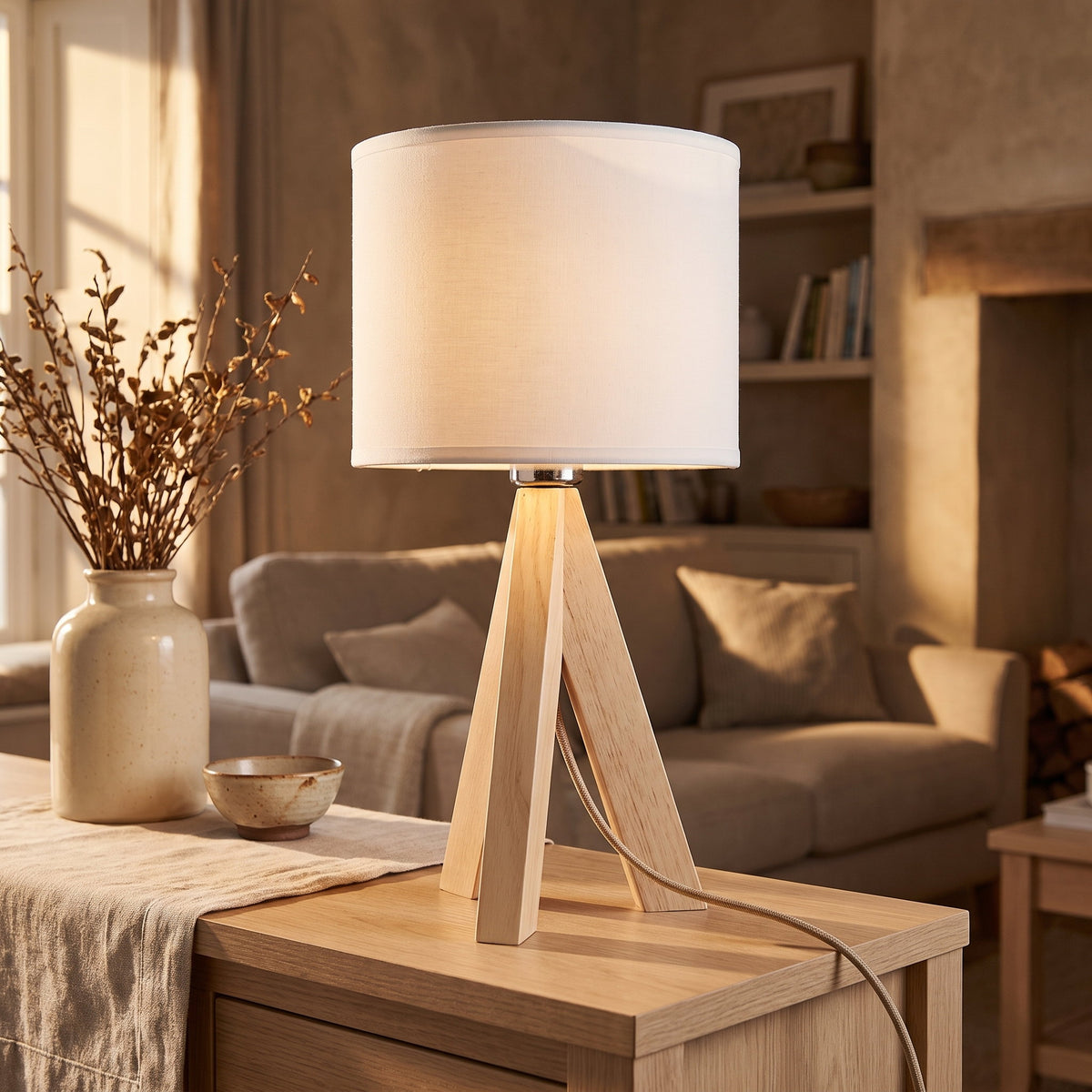Birk table lamp lit on an oak console with its fabric cable visible, Style Room