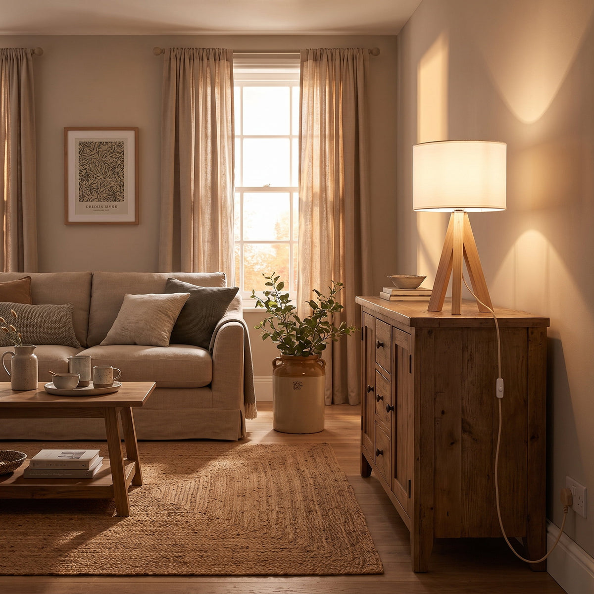 Birk table lamp lit on a sideboard in a furnished living room, cable running to the socket, Style Room