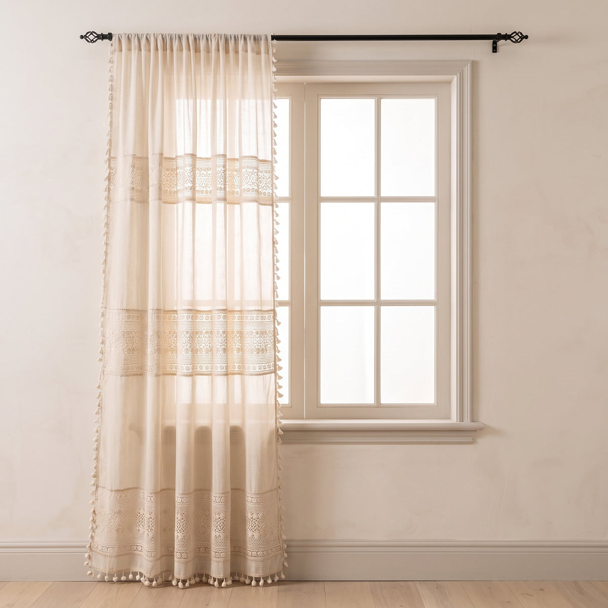 Blythe cream semi-sheer curtain with crochet lace and pom-pom trim, Style Room