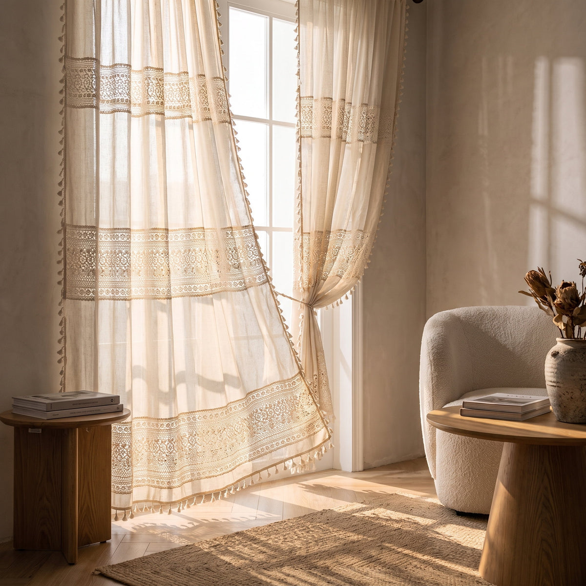 Blythe crochet curtains hanging at a tall window, Style Room