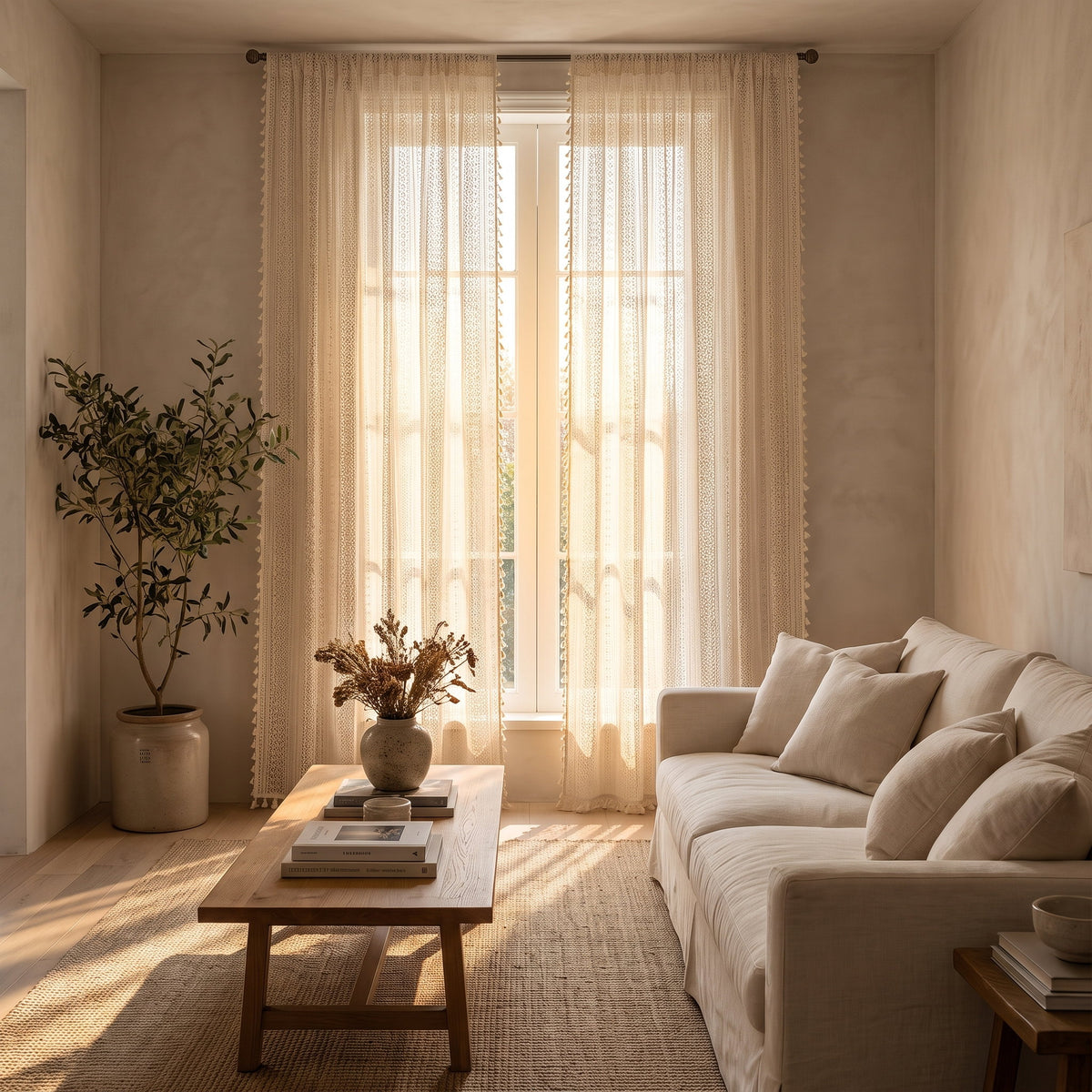 Blythe crochet curtains in a warm styled living room, Style Room