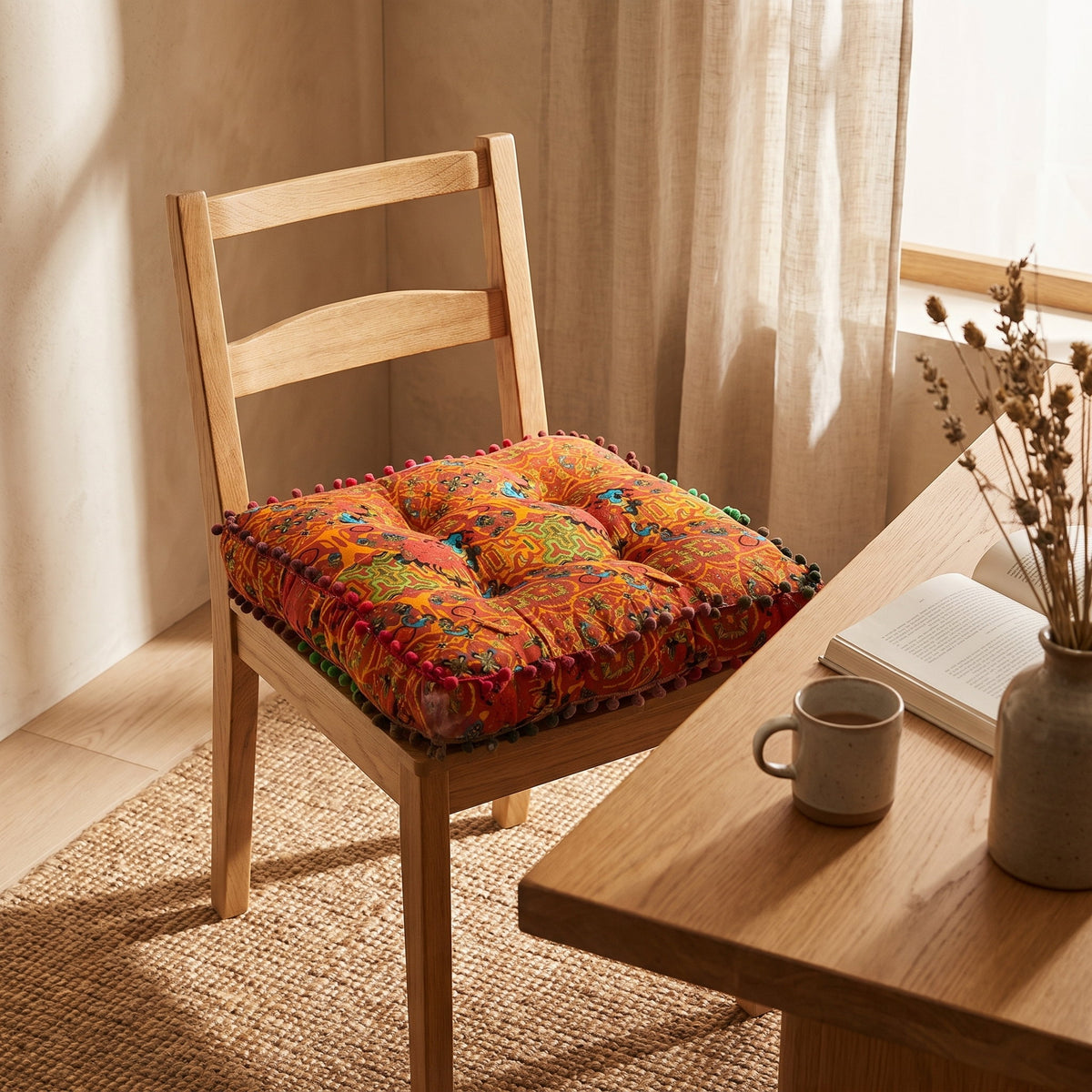 Embroidered orange square floor cushion on an oak chair in a warm room, Style Room
