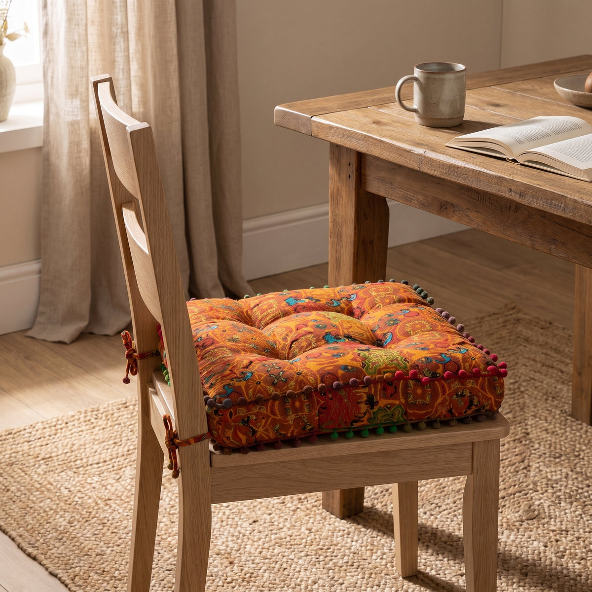 Embroidered orange square floor cushion on an oak chair in a warm room, Style Room
