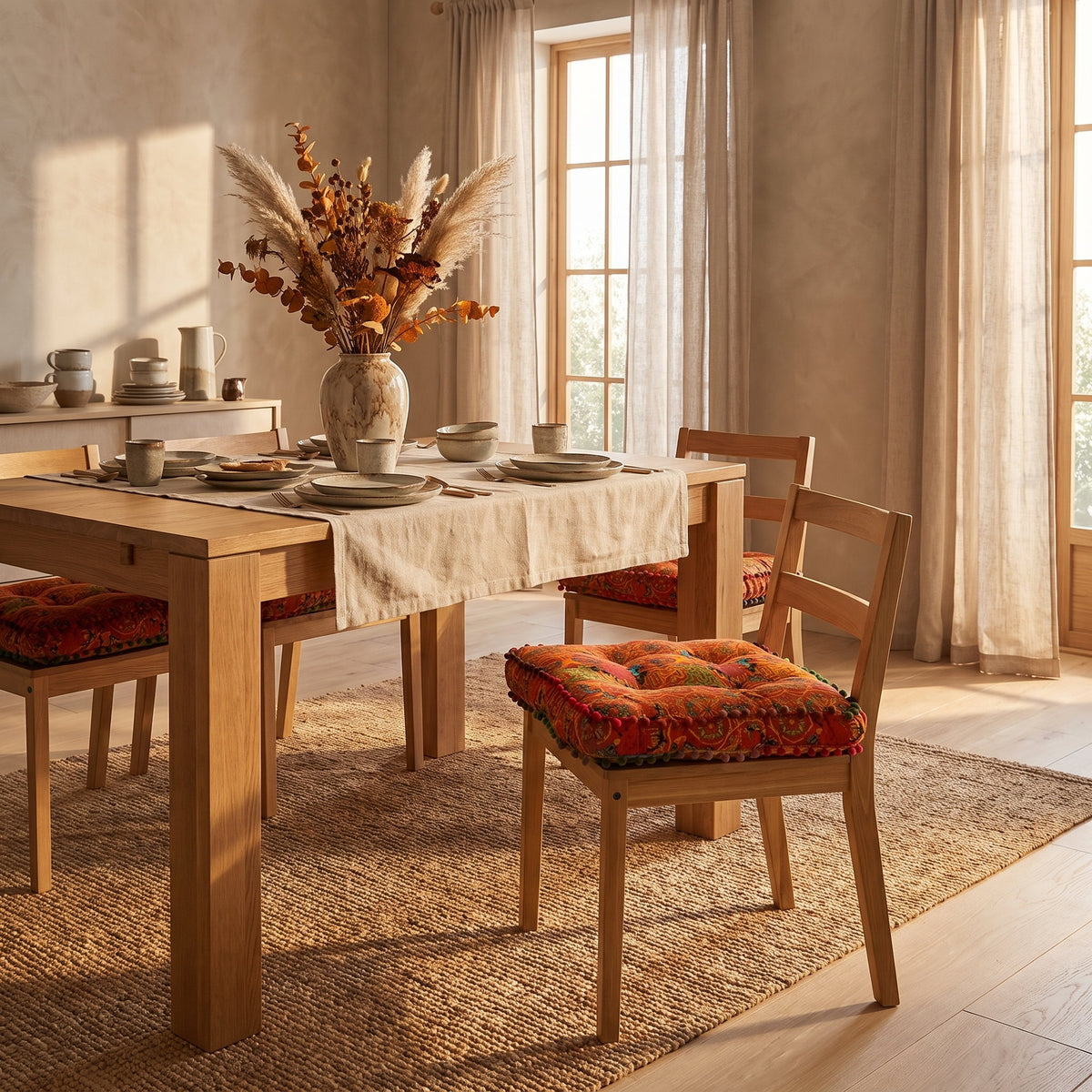Dining room with Blythe embroidered floor cushions on oak chairs, Style Room