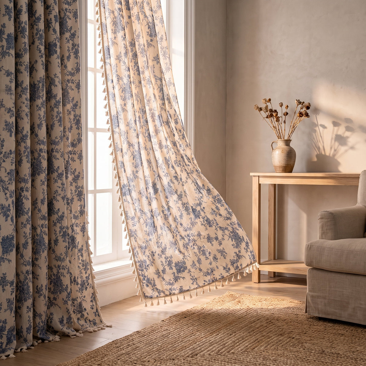 Blythe floral curtain in cream semi-sheer polyester with blue floral print and tassel trim, Style Room