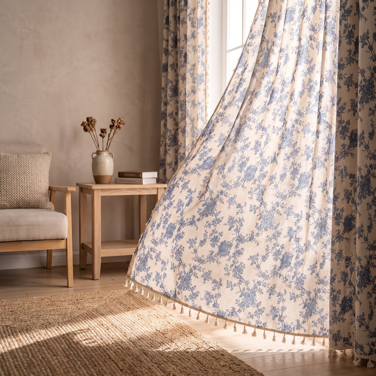Blue floral semi-sheer curtain swept back at a sitting room window, Style Room