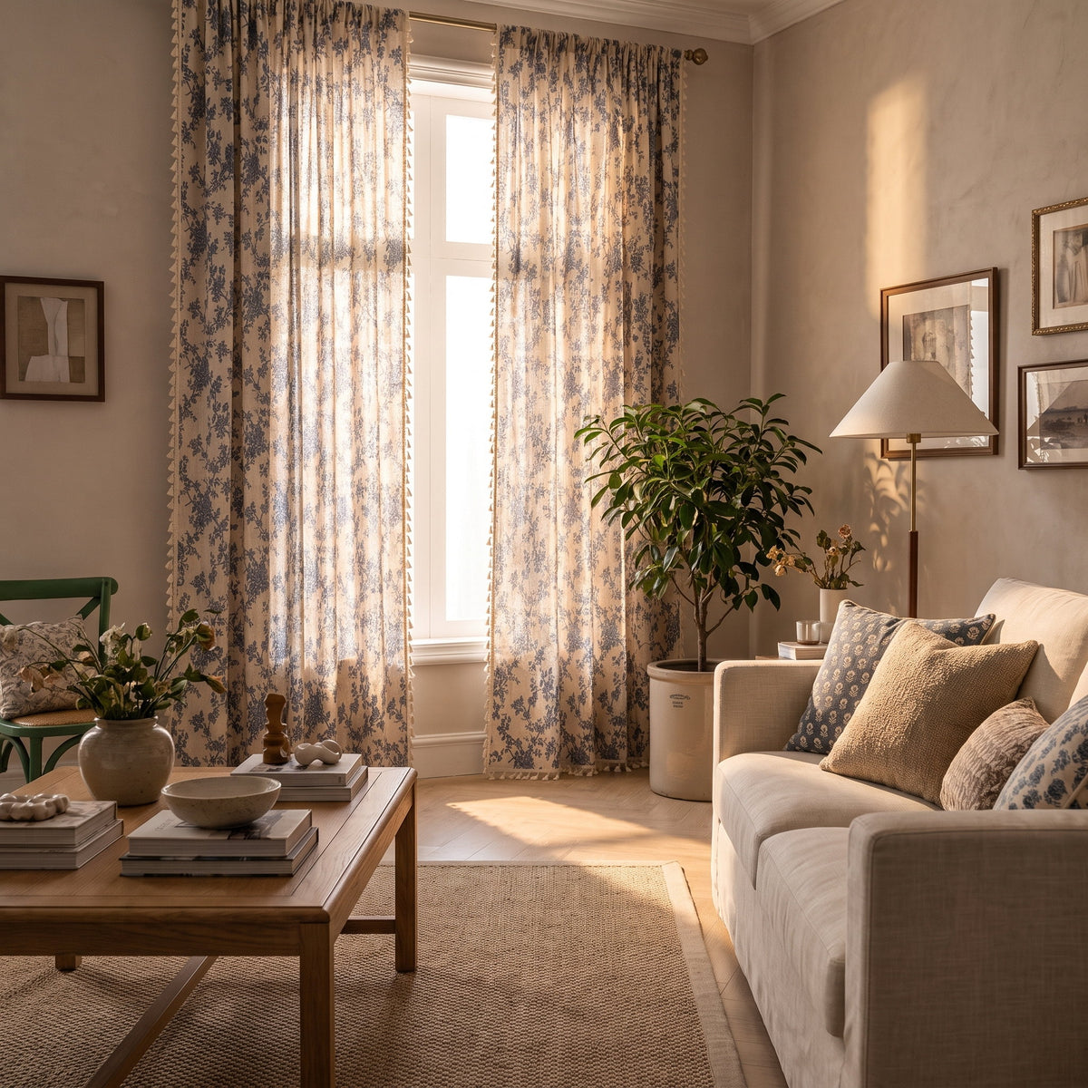 Sitting room with Blythe blue floral semi-sheer curtains at a tall window, Style Room