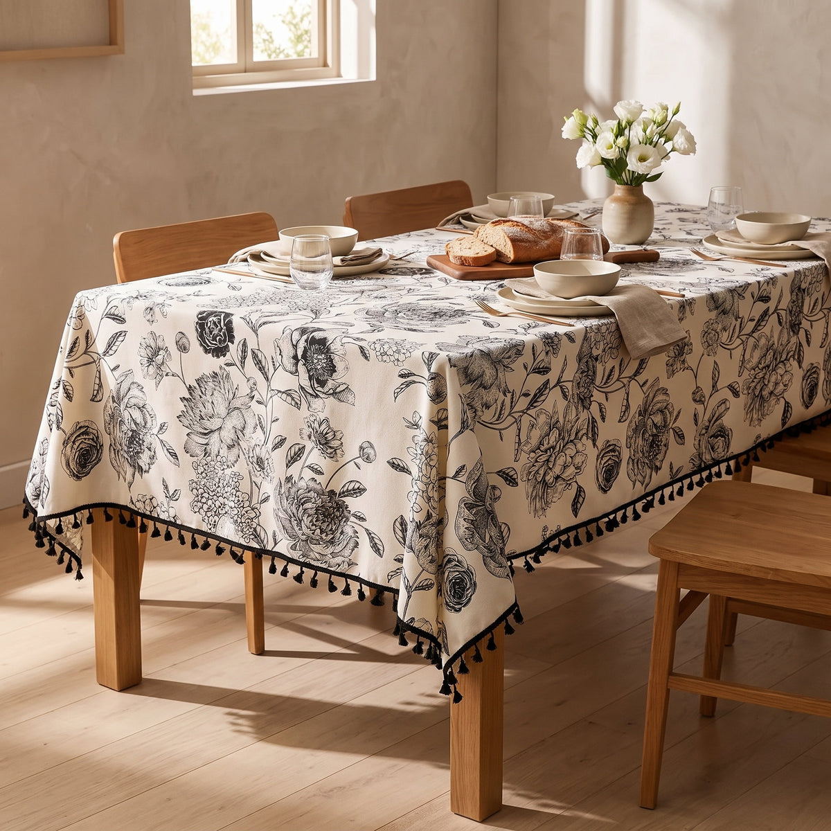 Blythe toile tablecloth on a laid oak dining table, Style Room