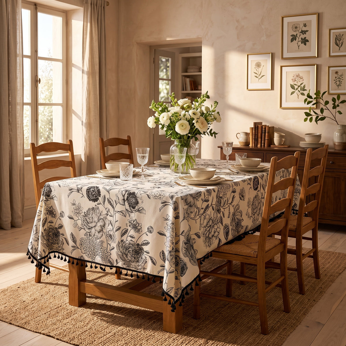 Blythe toile tablecloth in a warm styled dining room, Style Room