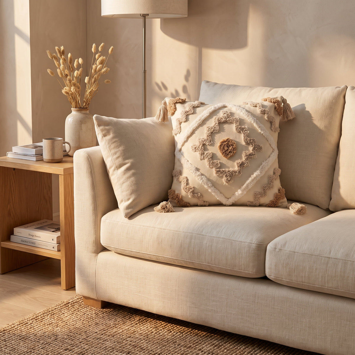 Cream tufted geometric cushion on a linen sofa in a warm sitting room, Style Room