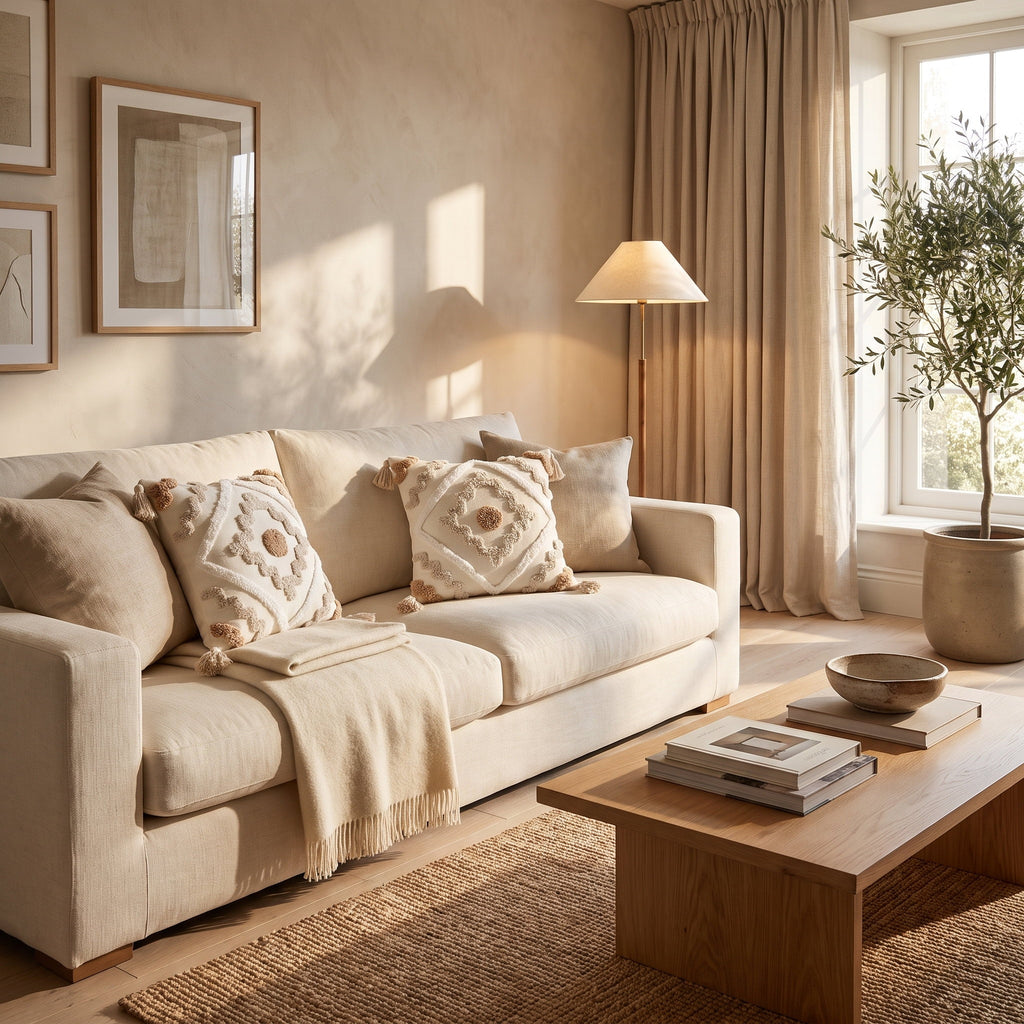 Styled sitting room with Blythe cream tufted cushions on a linen sofa, Style Room