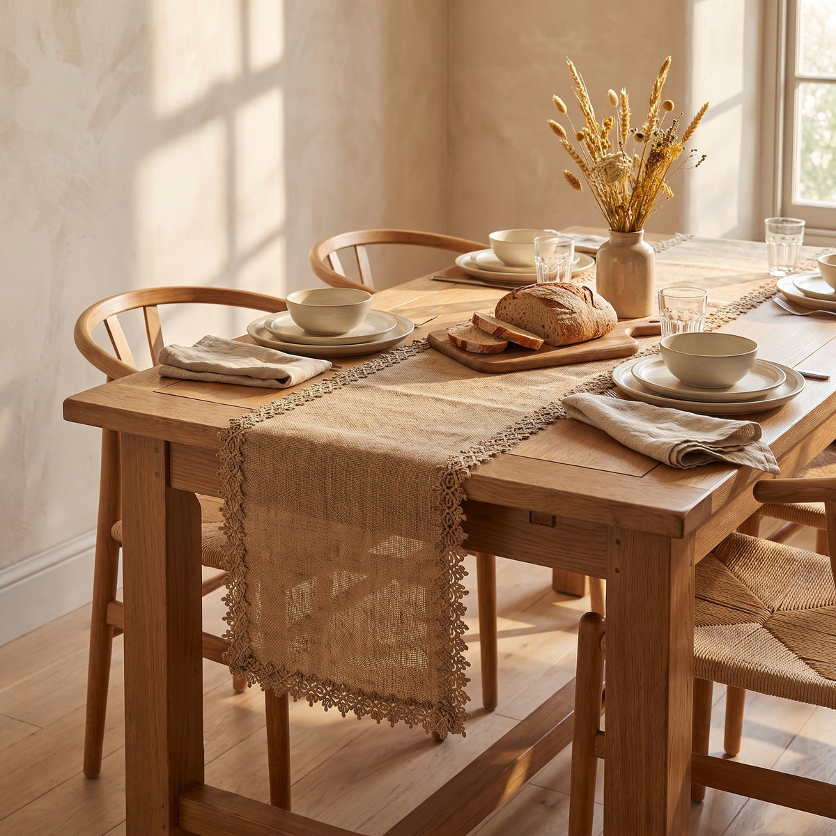 Bramble jute runner on a laid oak dining table, Style Room