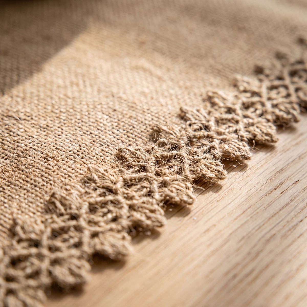 Close-up of the jute weave and crochet edging of the Bramble runner, Style Room