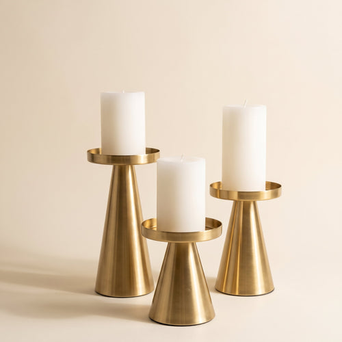 Brenna brushed gold pillar candle stands, set of three, Style Room