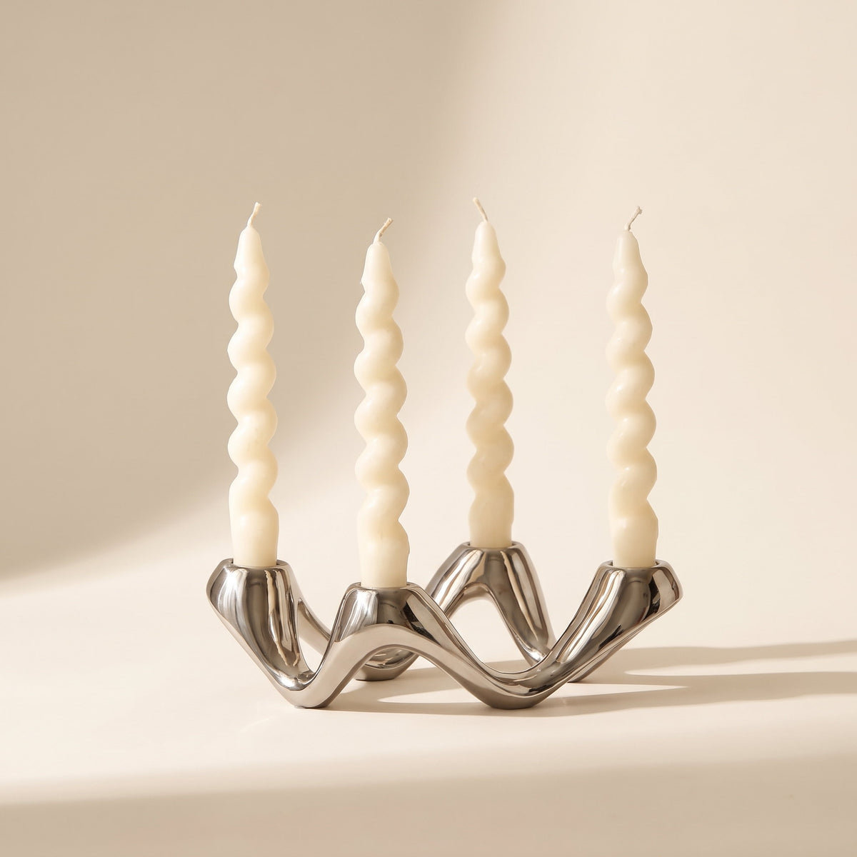 Celora rippled silver candle holder with four twisted taper candles, Style Room