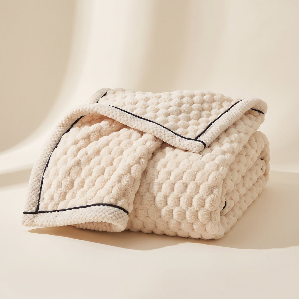 Cielo cream bubble-textured sherpa fleece blanket with dark piped edge, Style Room