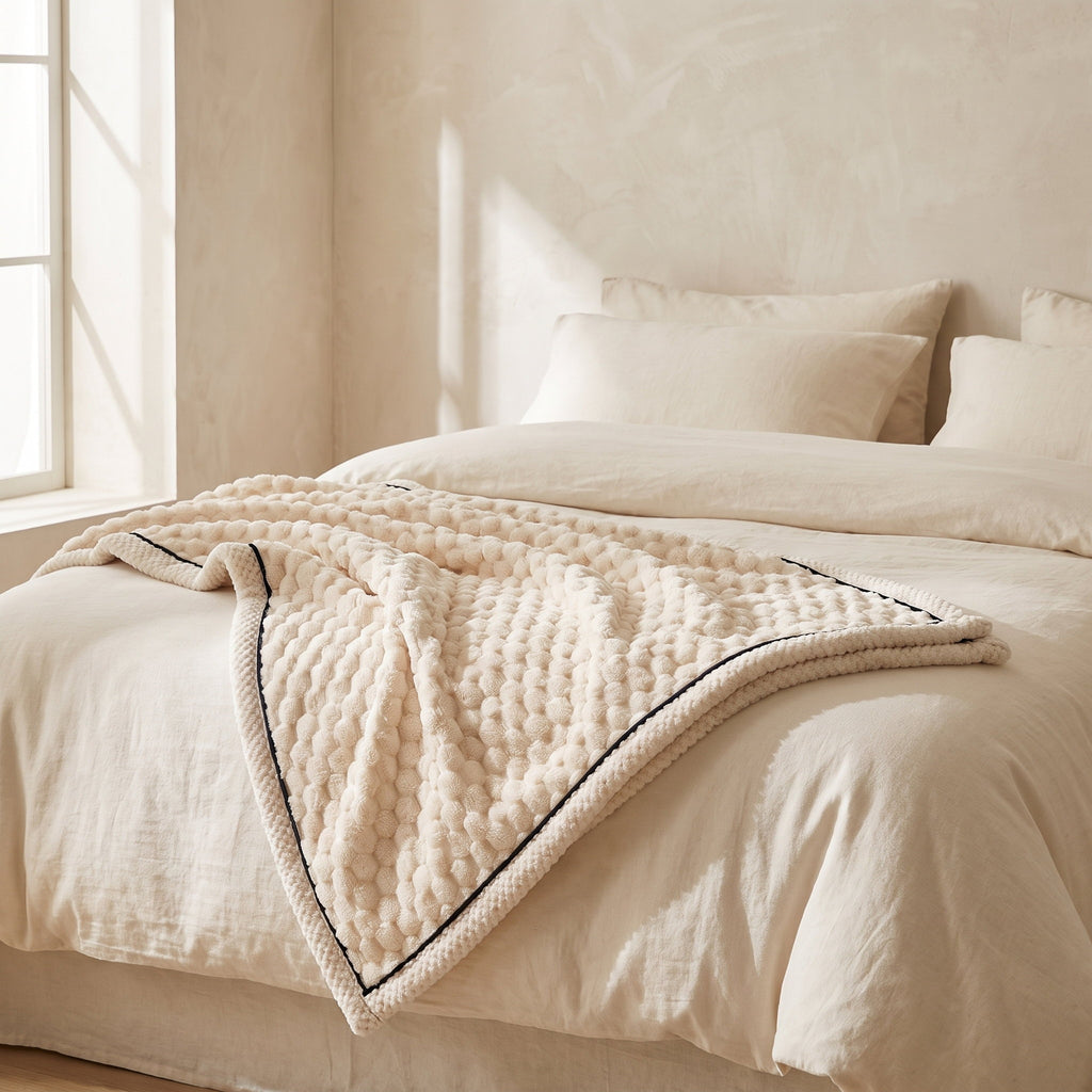 Cielo cream plush blanket folded across a cream linen bed, Style Room