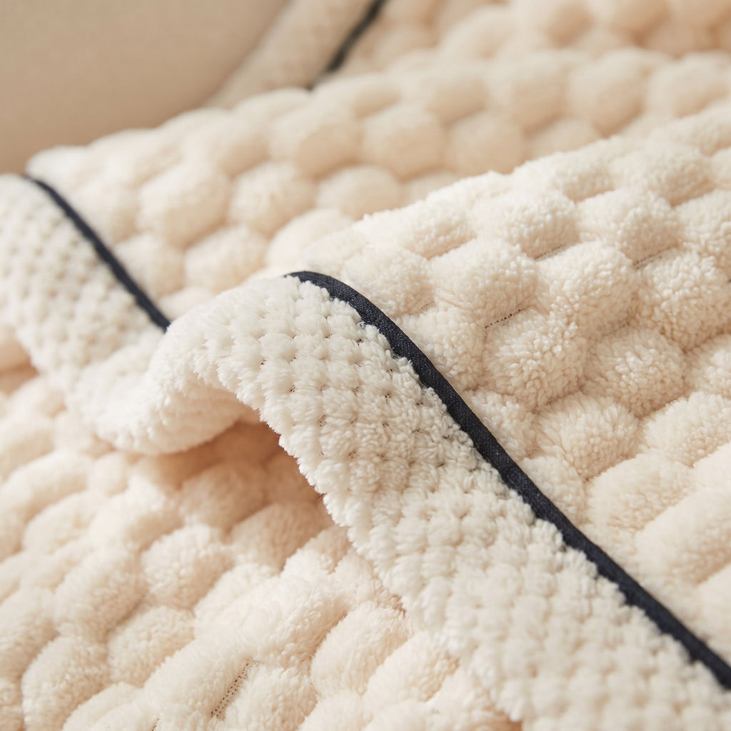 Close-up of the bubble texture and piped edge of the Cielo blanket, Style Room