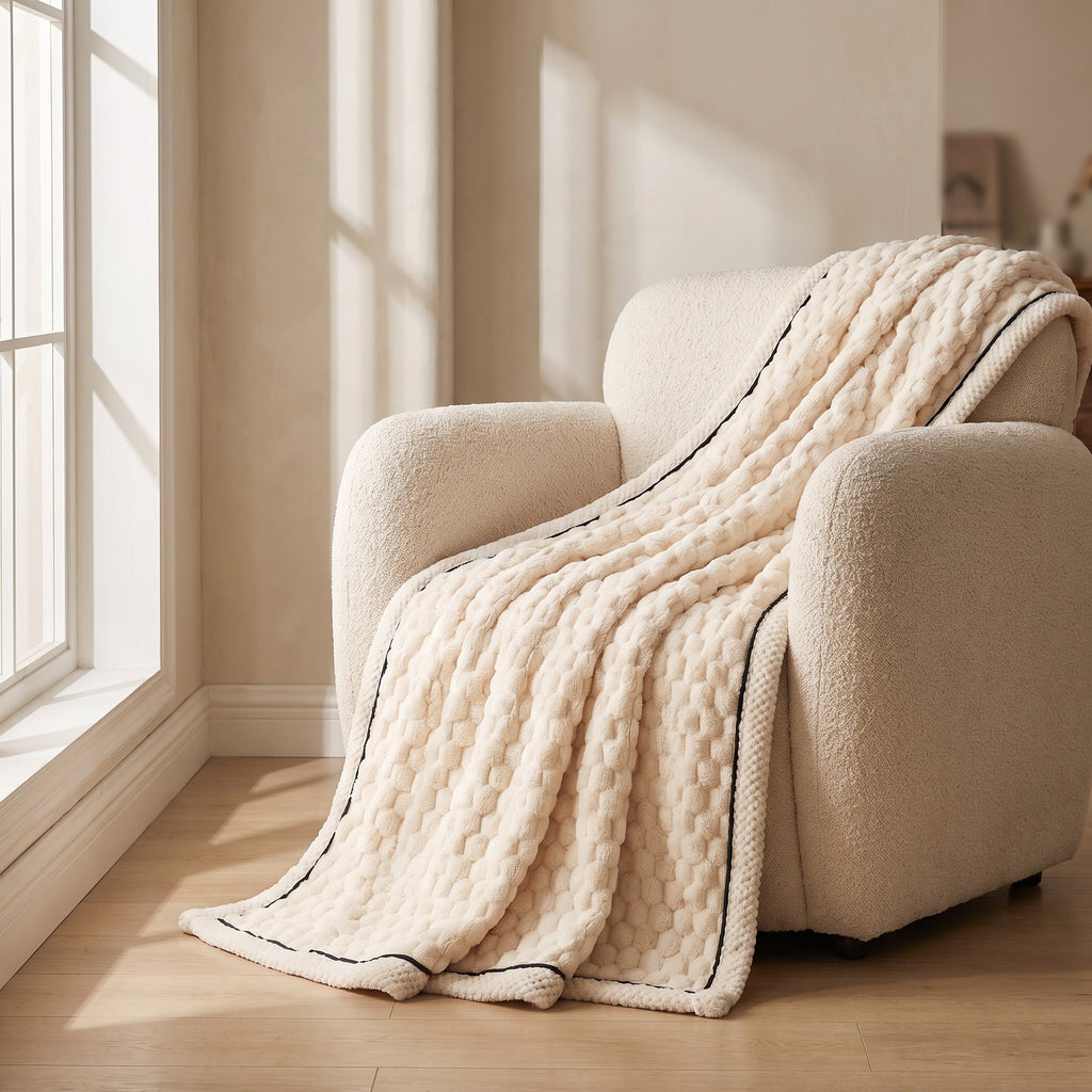Cielo cream plush blanket over a boucle armchair by a window, Style Room