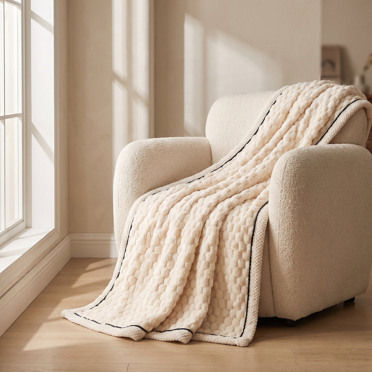 Cielo cream plush blanket over a boucle armchair by a window, Style Room