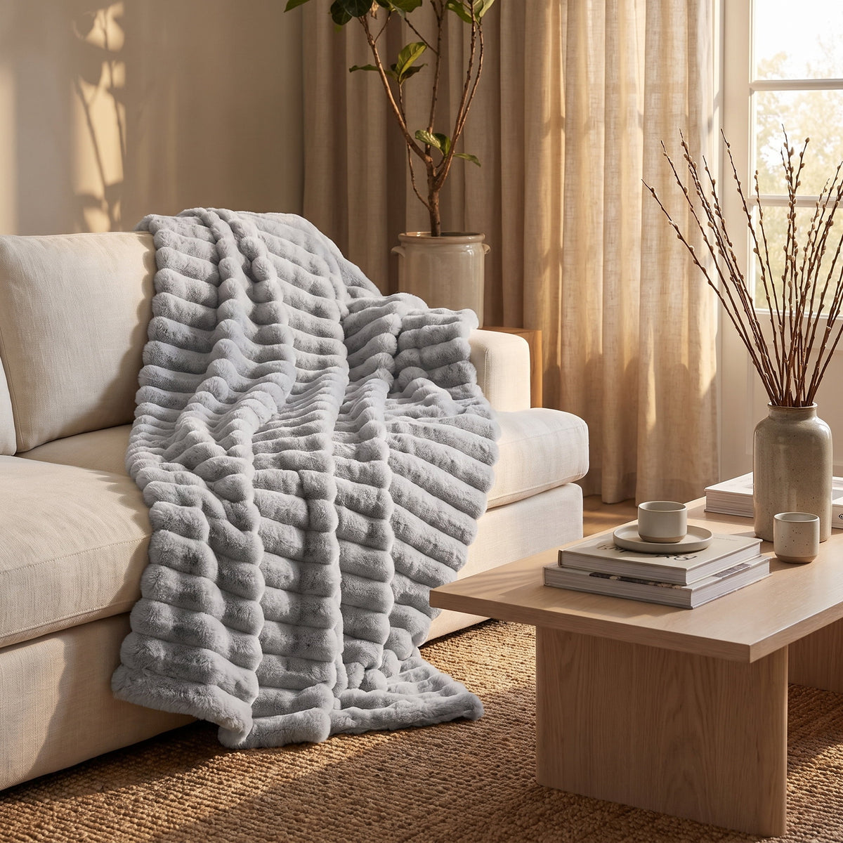 Cielo plush throw blanket draped over a cream linen sofa, Style Room