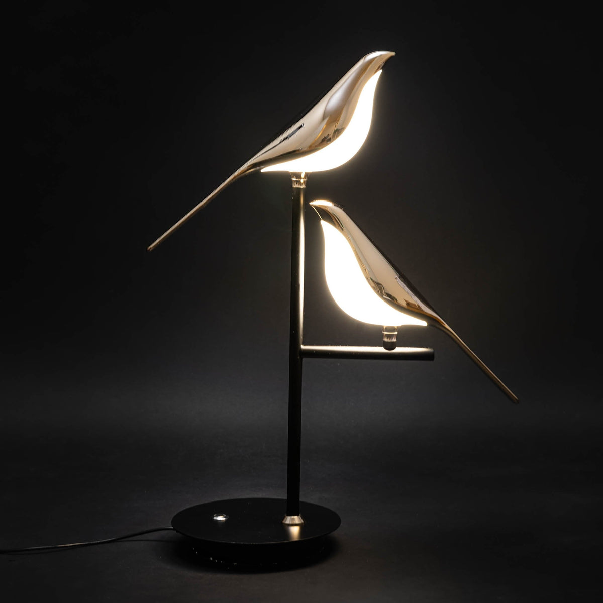 Cora bird table lamp lit against a dark background, showing both birds glowing