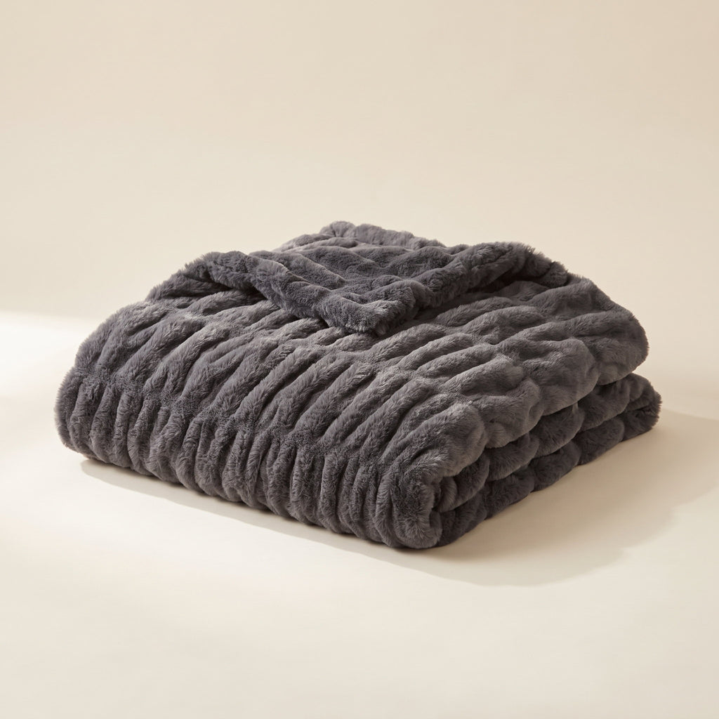 Cora charcoal ruched faux fur throw blanket, Style Room