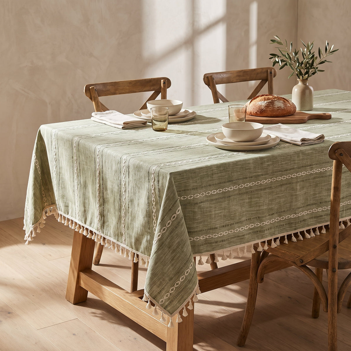 Cora linen tablecloth spread over a dining table, Style Room