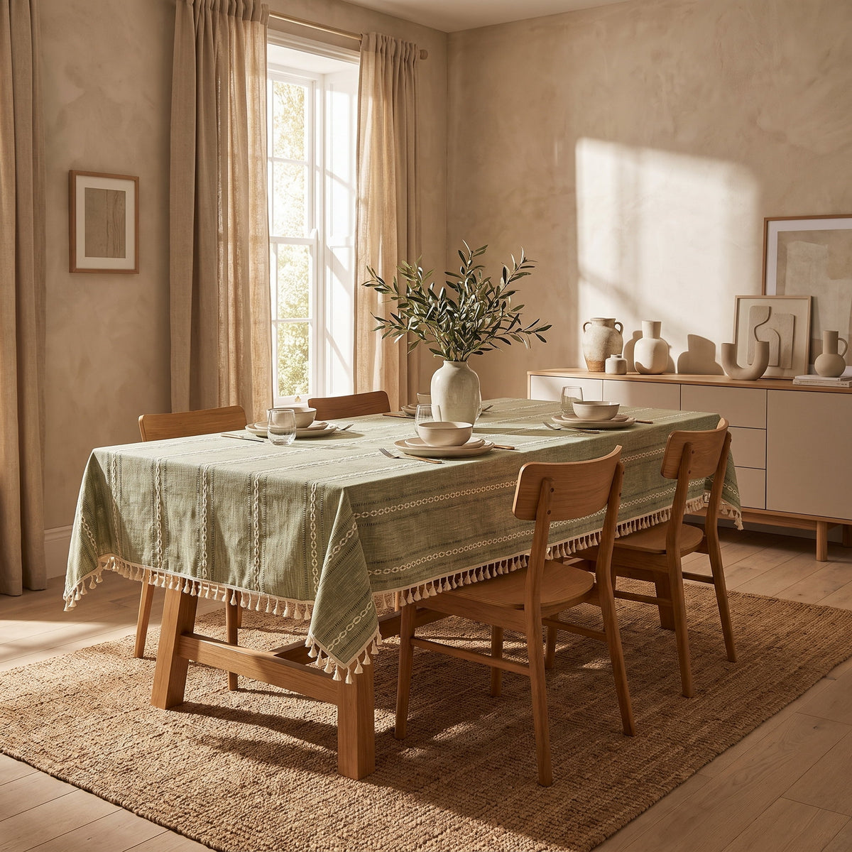 Cora sage linen tablecloth on a laid dining table, Style Room