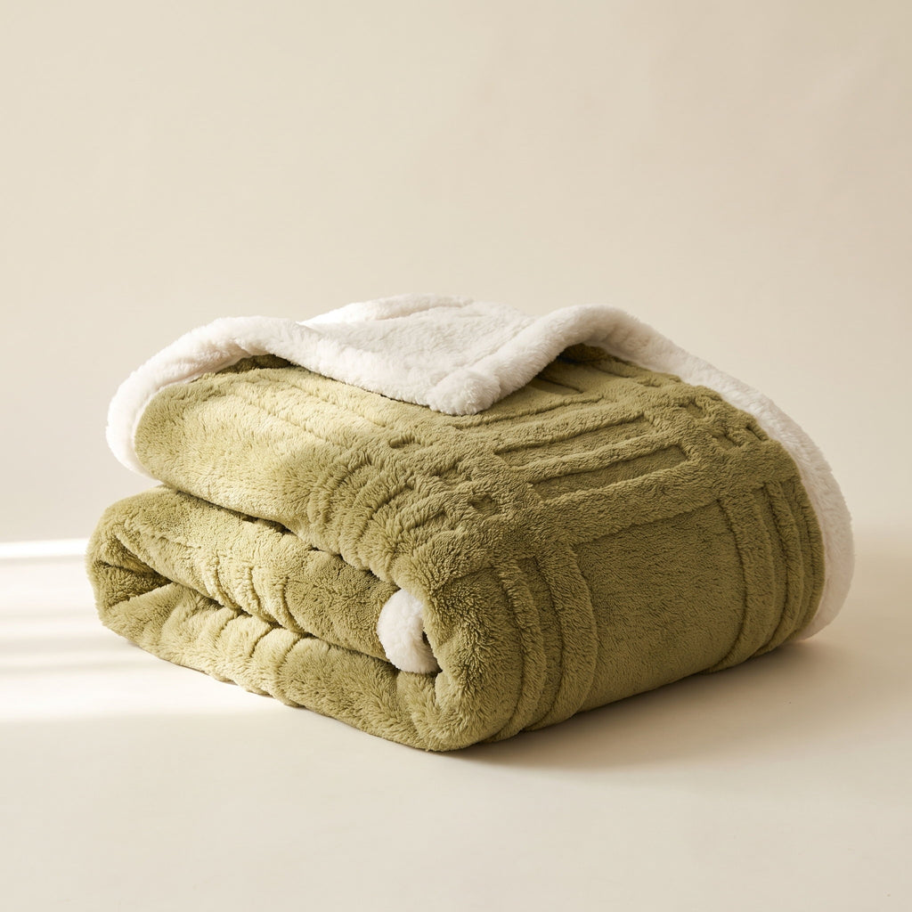 Cosmo fluffy blanket in sage green three-dimensional jacquard microfiber with sherpa reverse, folded