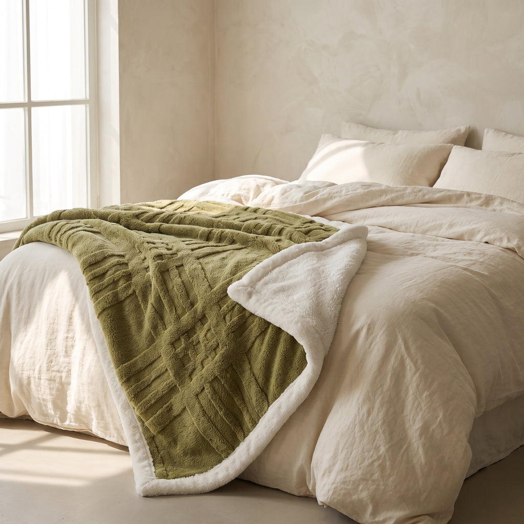 Cosmo sage green jacquard blanket with sherpa reverse draped over a cream linen bed