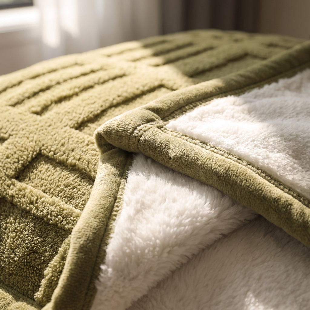 Detail of the Cosmo blanket showing the sage green jacquard relief and the white sherpa reverse