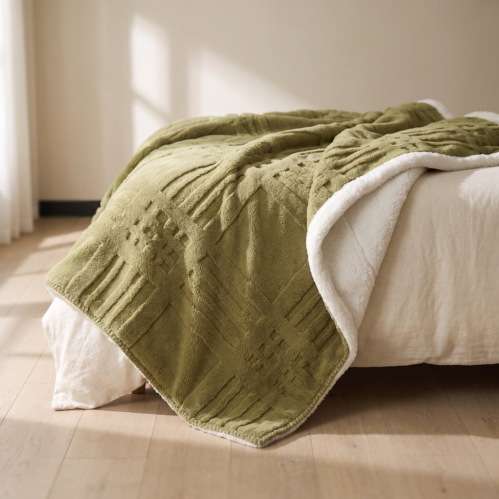 Cosmo sage green blanket thrown over a cream linen bed with the sherpa reverse turned back