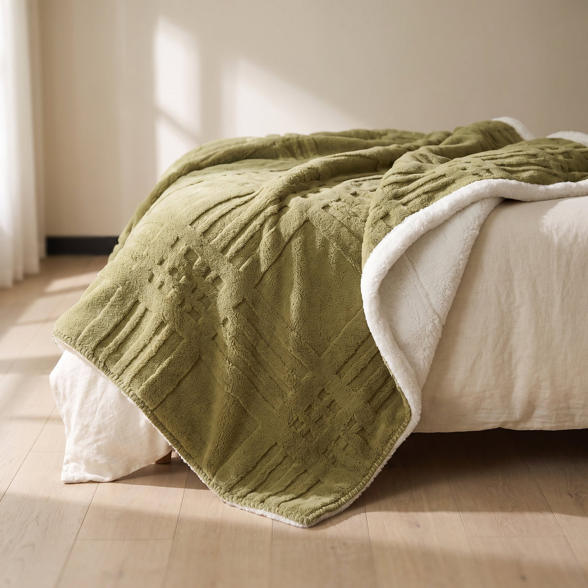 Cosmo sage green blanket thrown over a cream linen bed with the sherpa reverse turned back