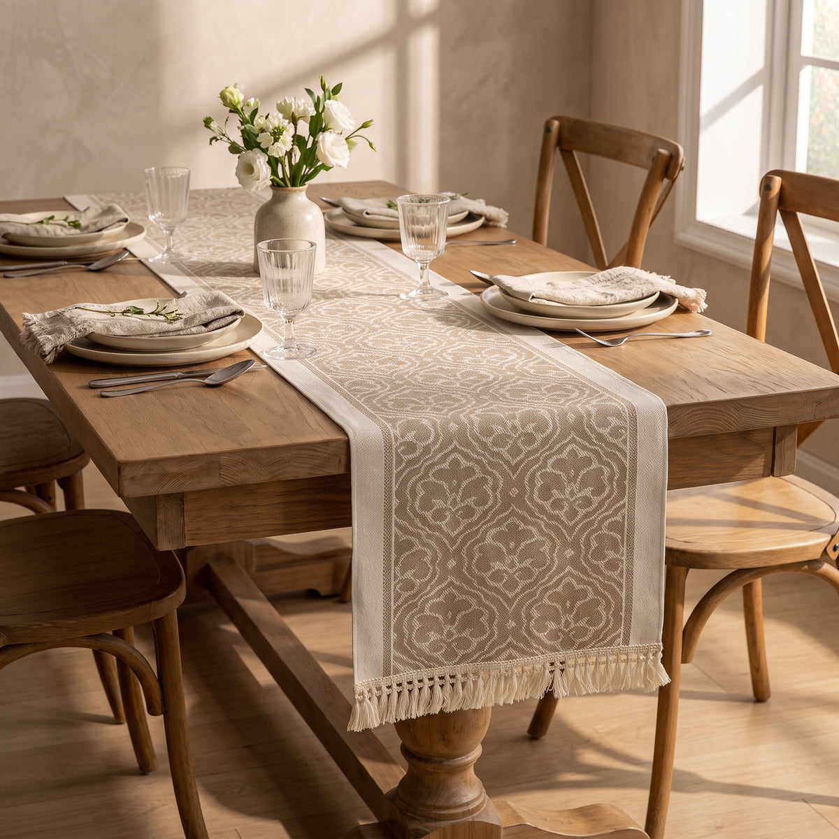 Dune damask runner on a laid oak dining table, Style Room