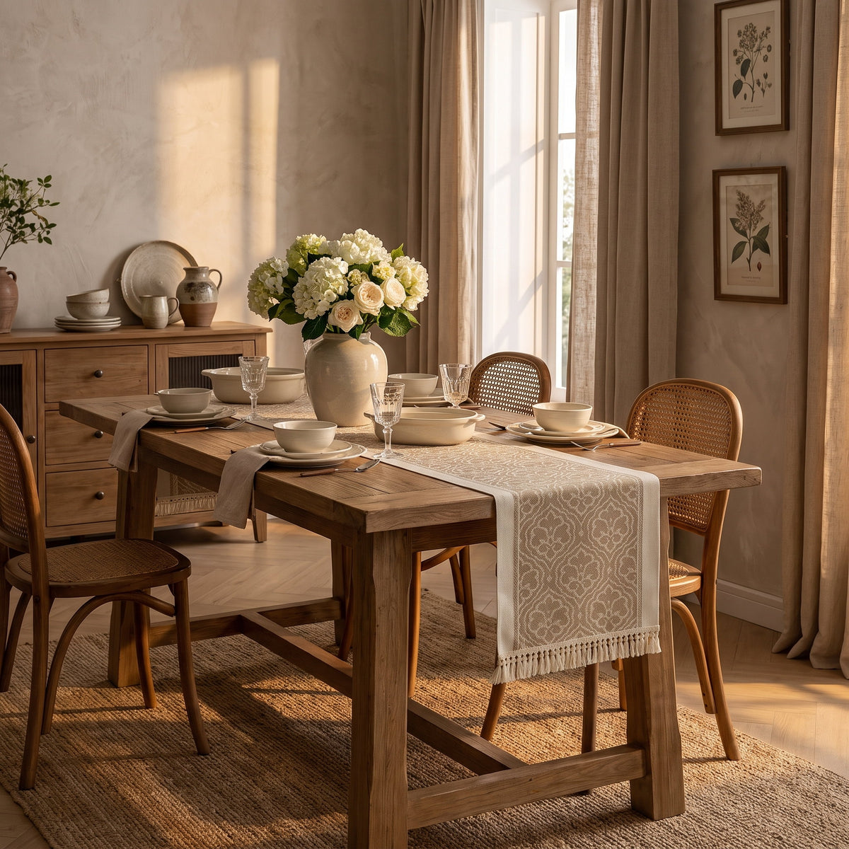 Dune damask runner in a warm styled dining room, Style Room