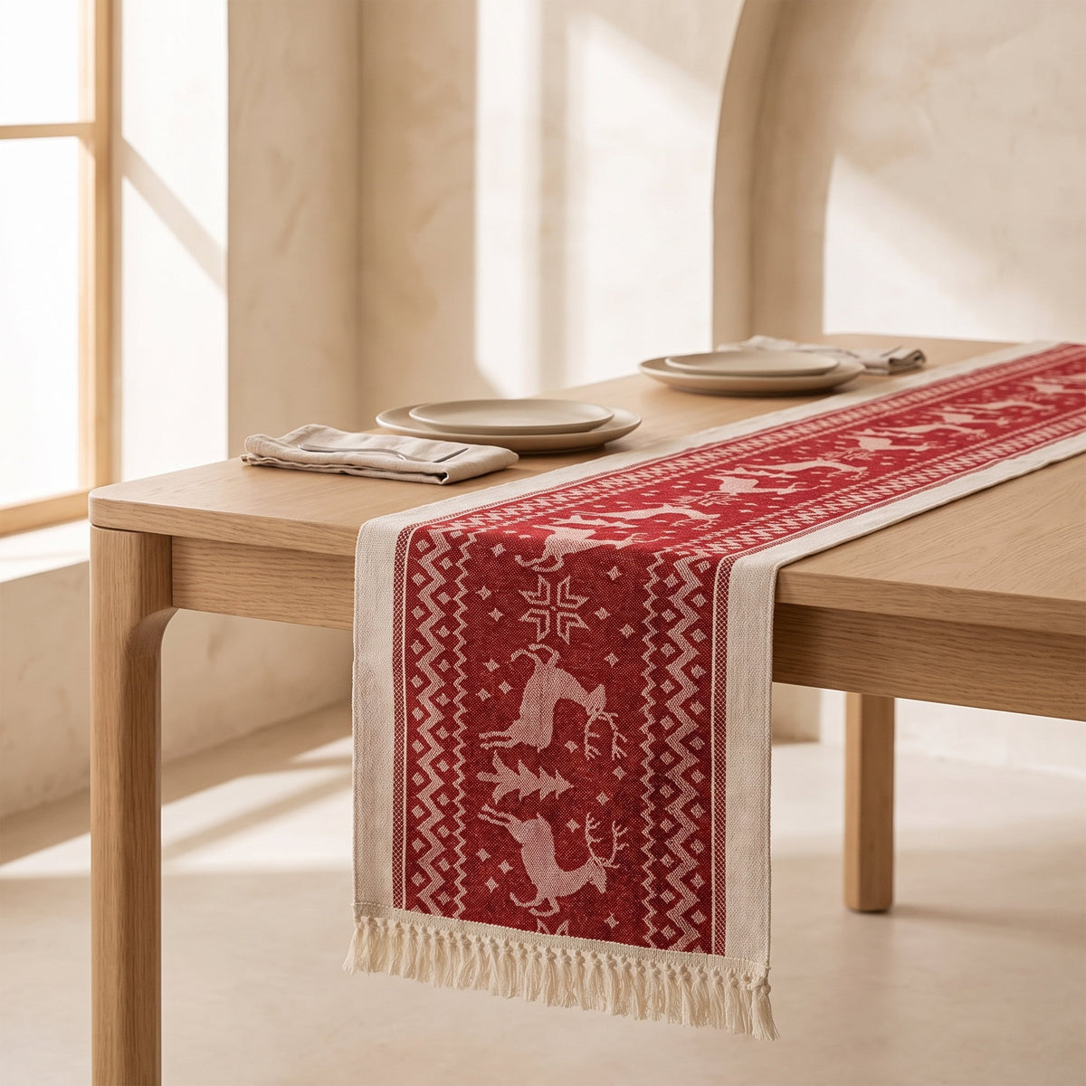 Eldon elk table runner laid along a pale oak dining table in a calm cream dining room