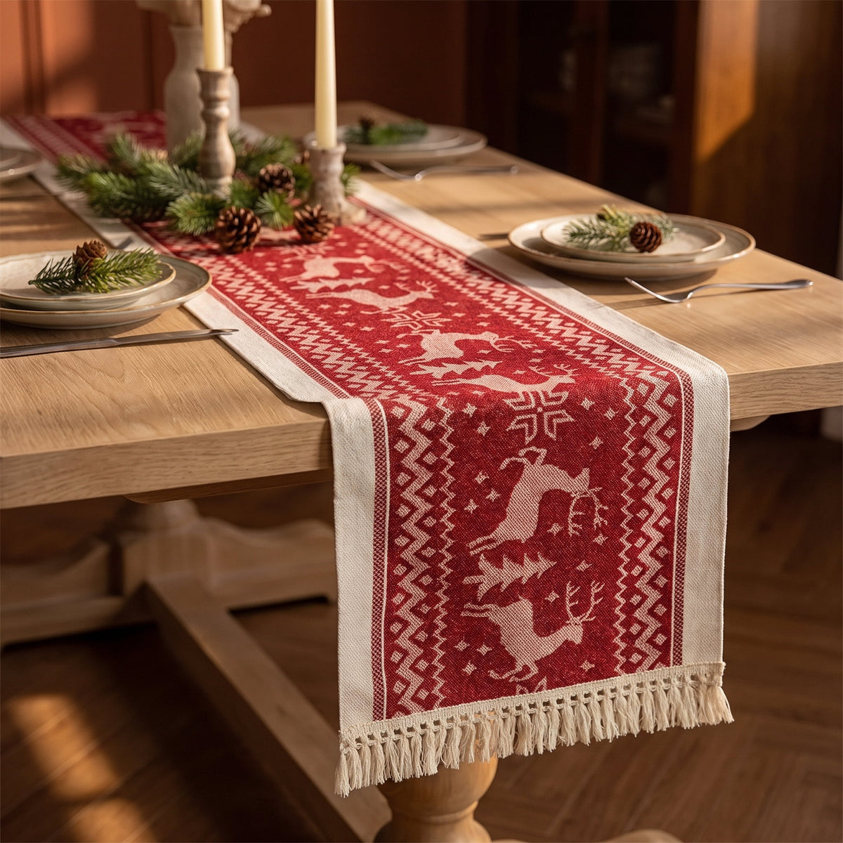 Eldon elk table runner on a festive oak table with ceramic plates and taper candles