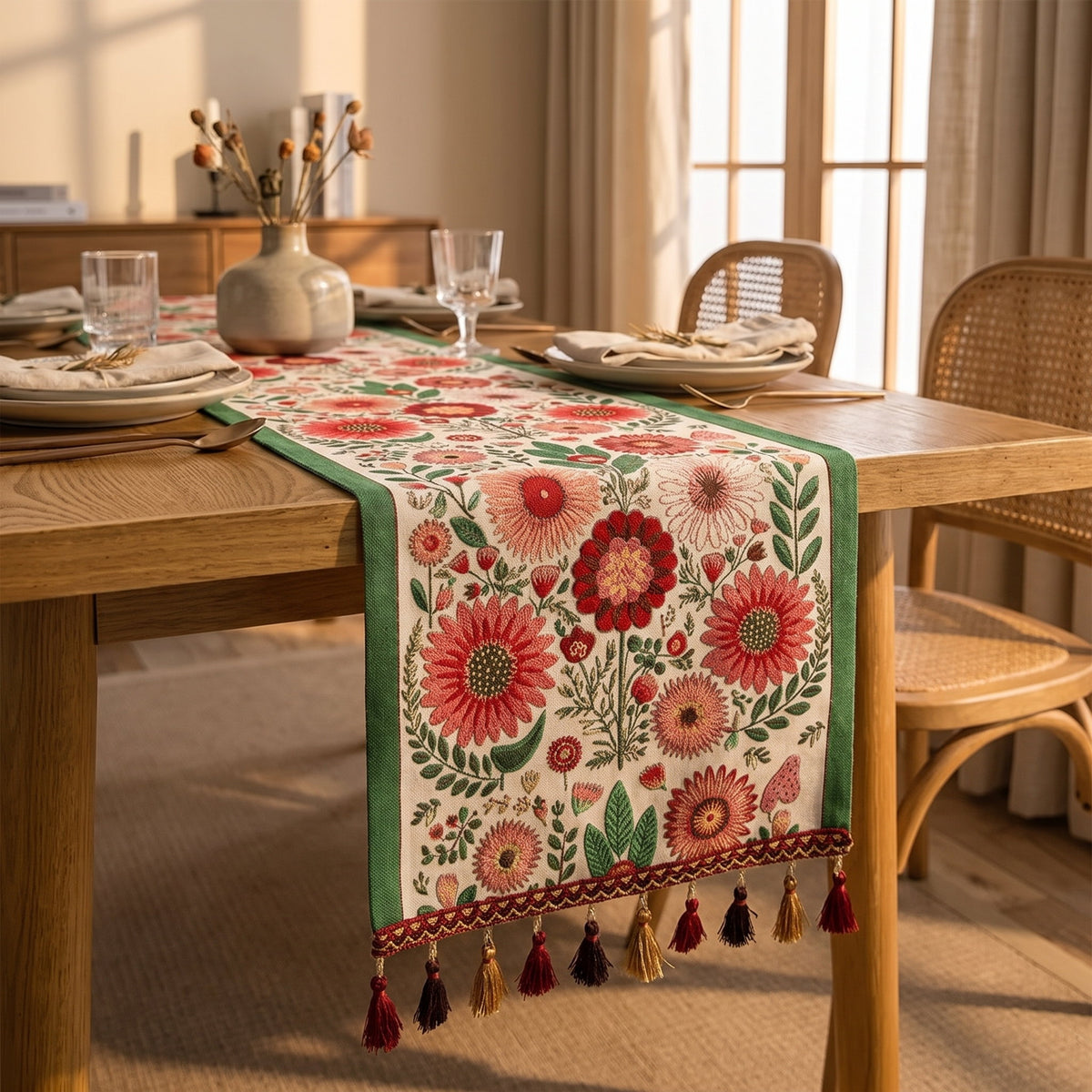 Cream embroidered floral runner on a laid oak dining table in warm light, Style Room