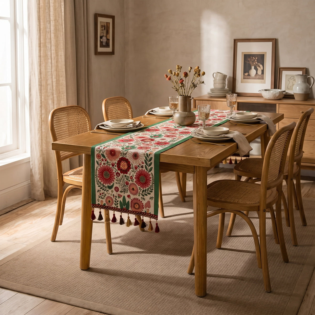 Dining room with the Elysia embroidered floral runner on an oak table, Style Room