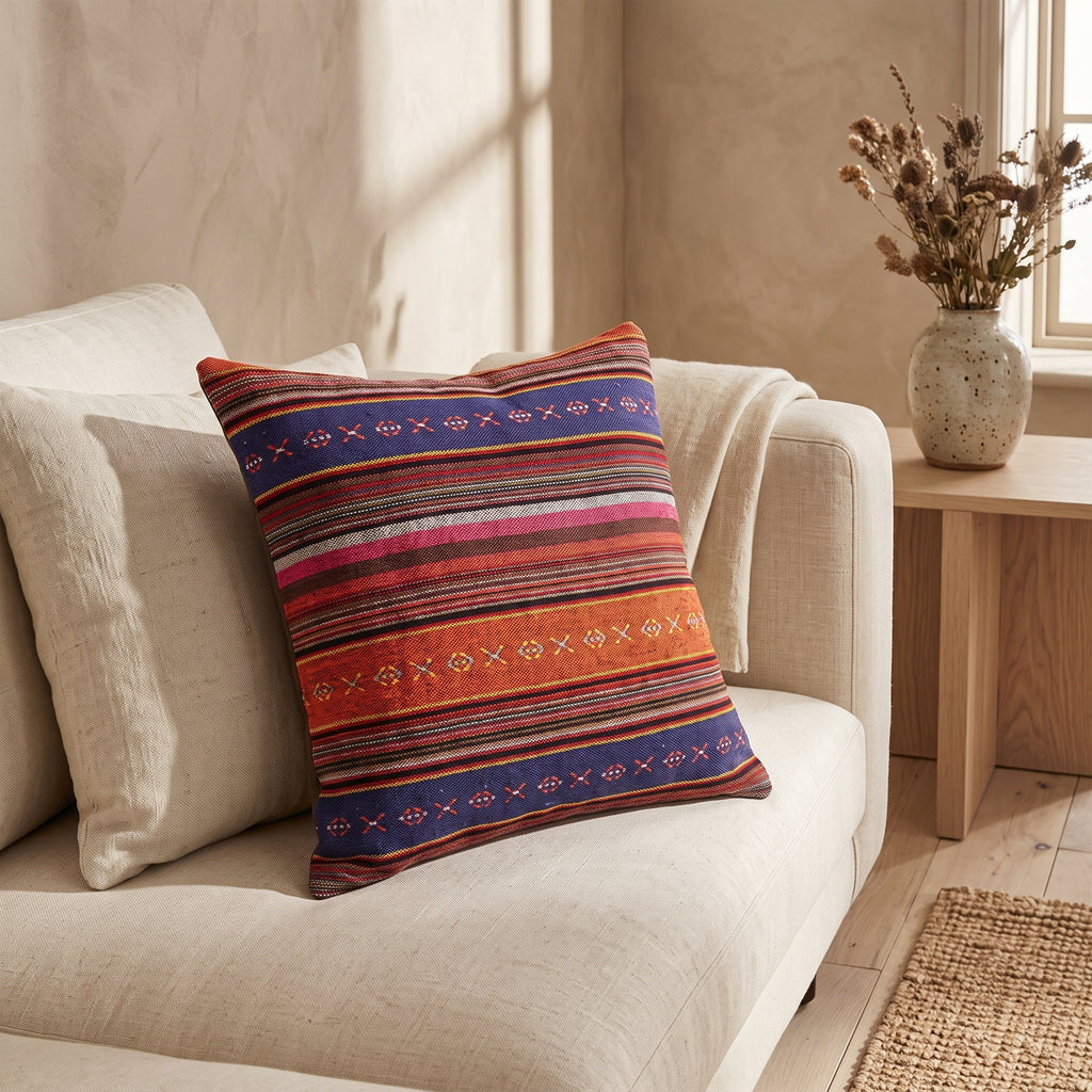 Evoa geometric cushion resting on a cream linen sofa, Style Room