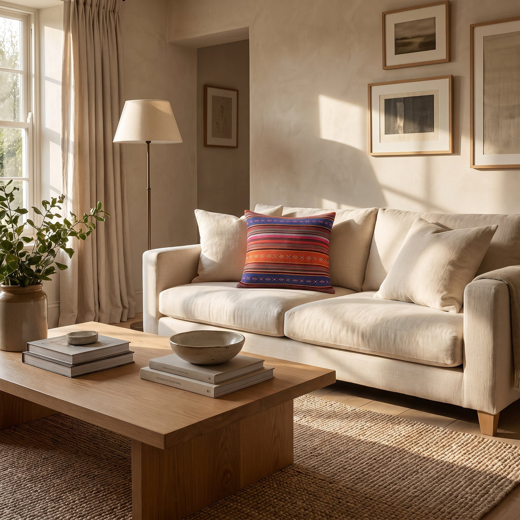 Evoa geometric cushion on a boucle armchair in a calm room, Style Room
