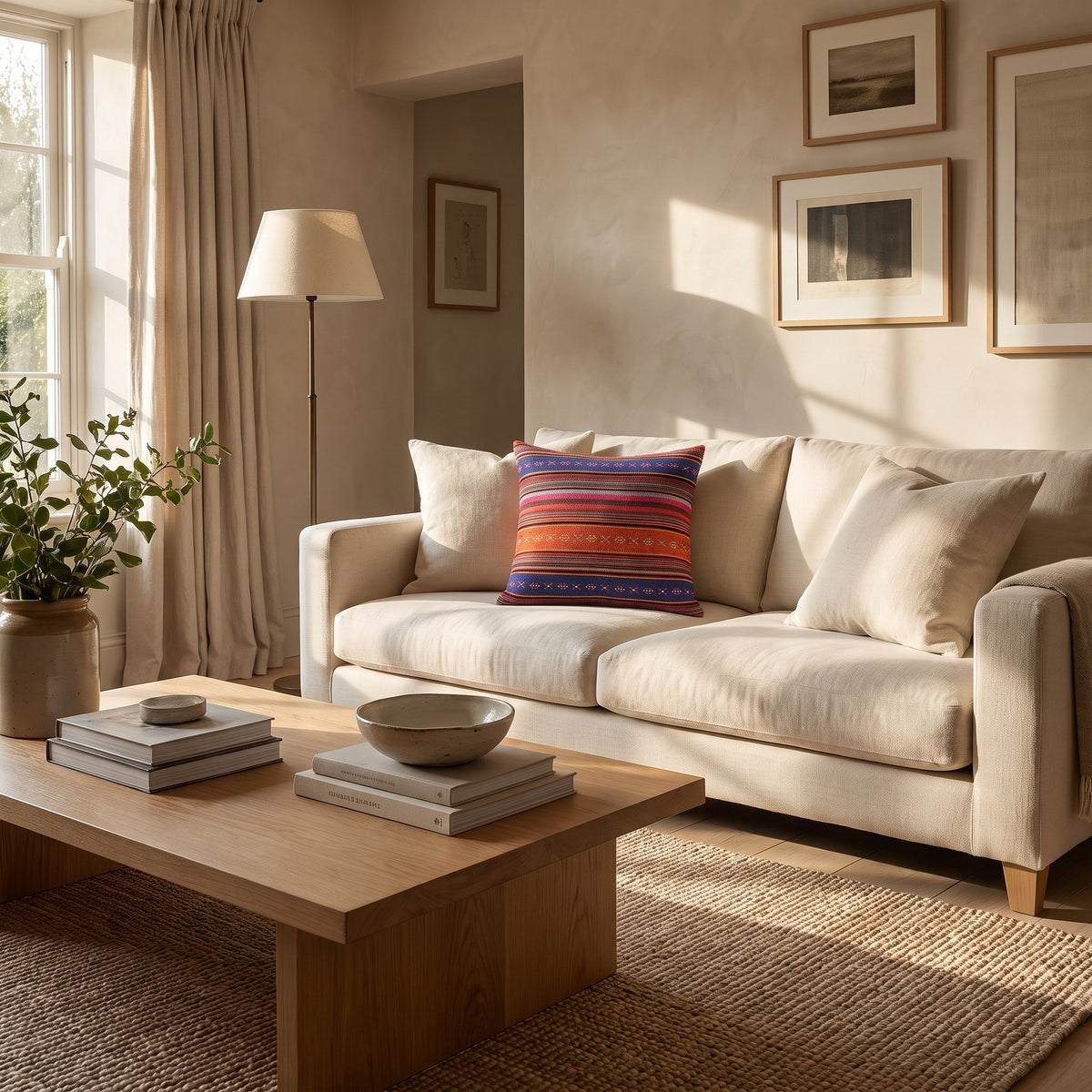 Evoa geometric cushion on a boucle armchair in a calm room, Style Room
