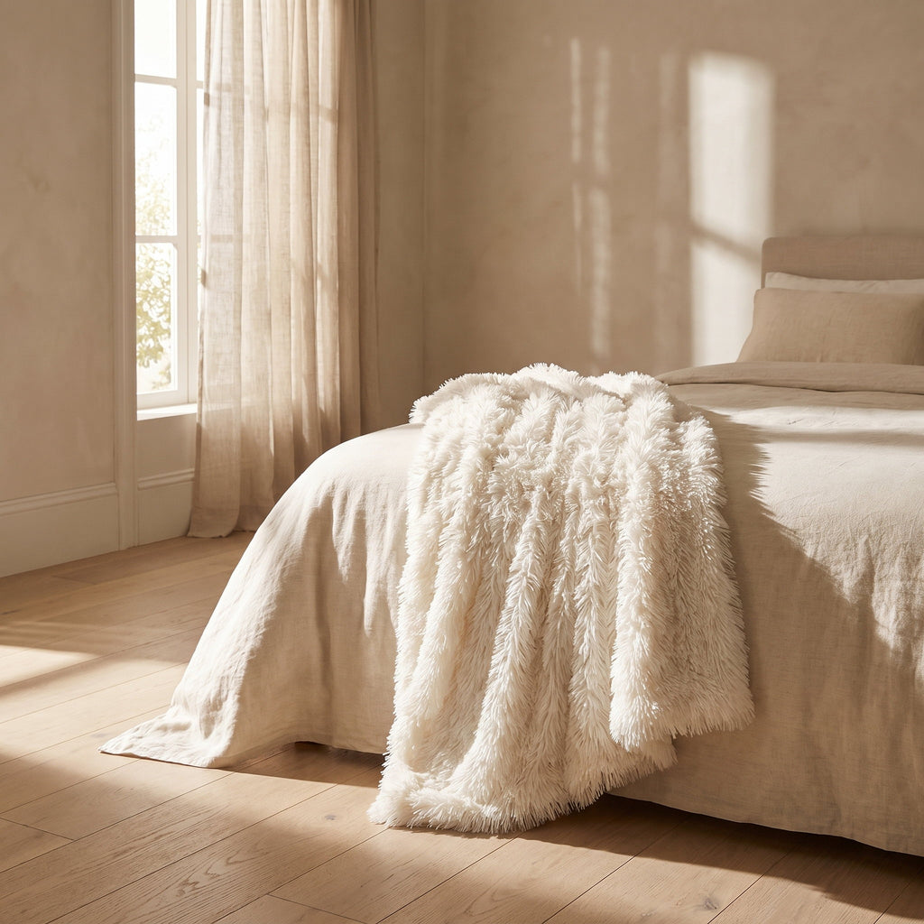 Fiona ivory faux fur throw in a calm cream bedroom, Style Room