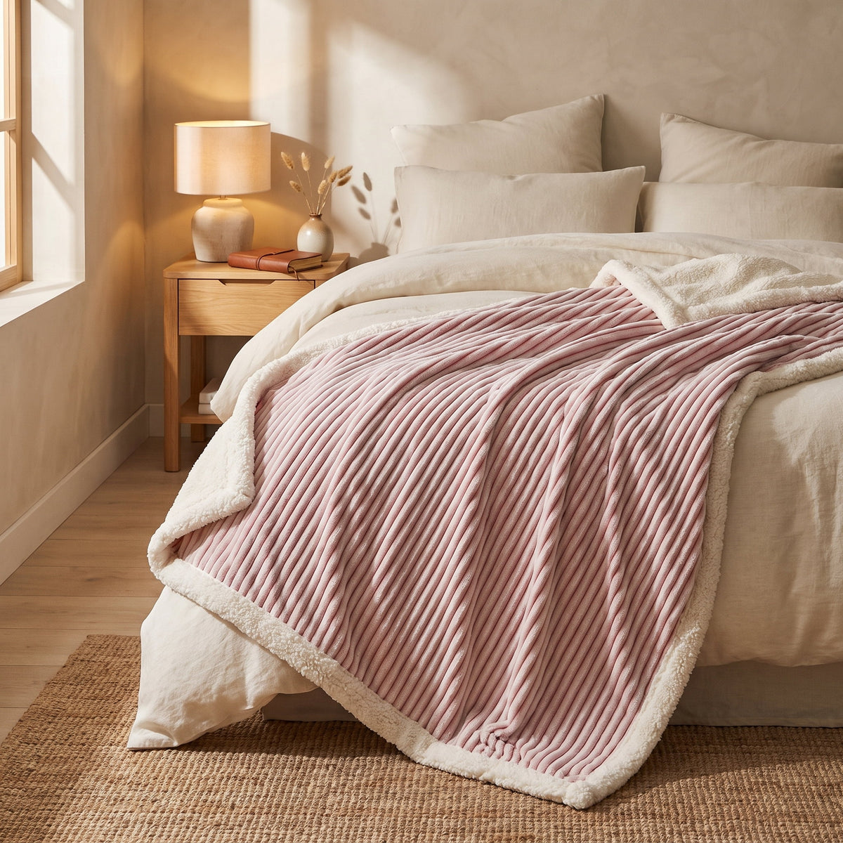 Fiora striped blanket draped across a cream linen bed, Style Room