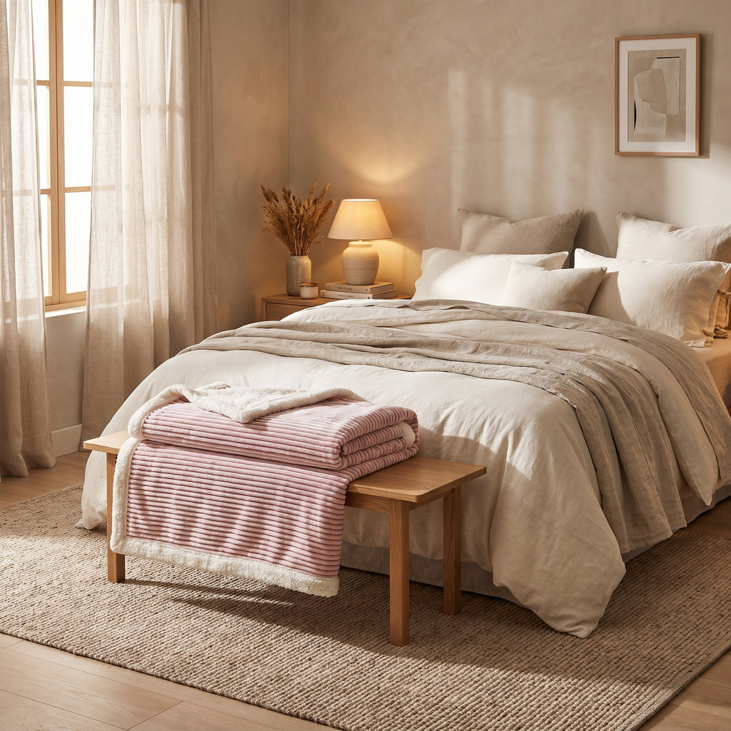 Fiora striped blanket in a warm styled bedroom, Style Room