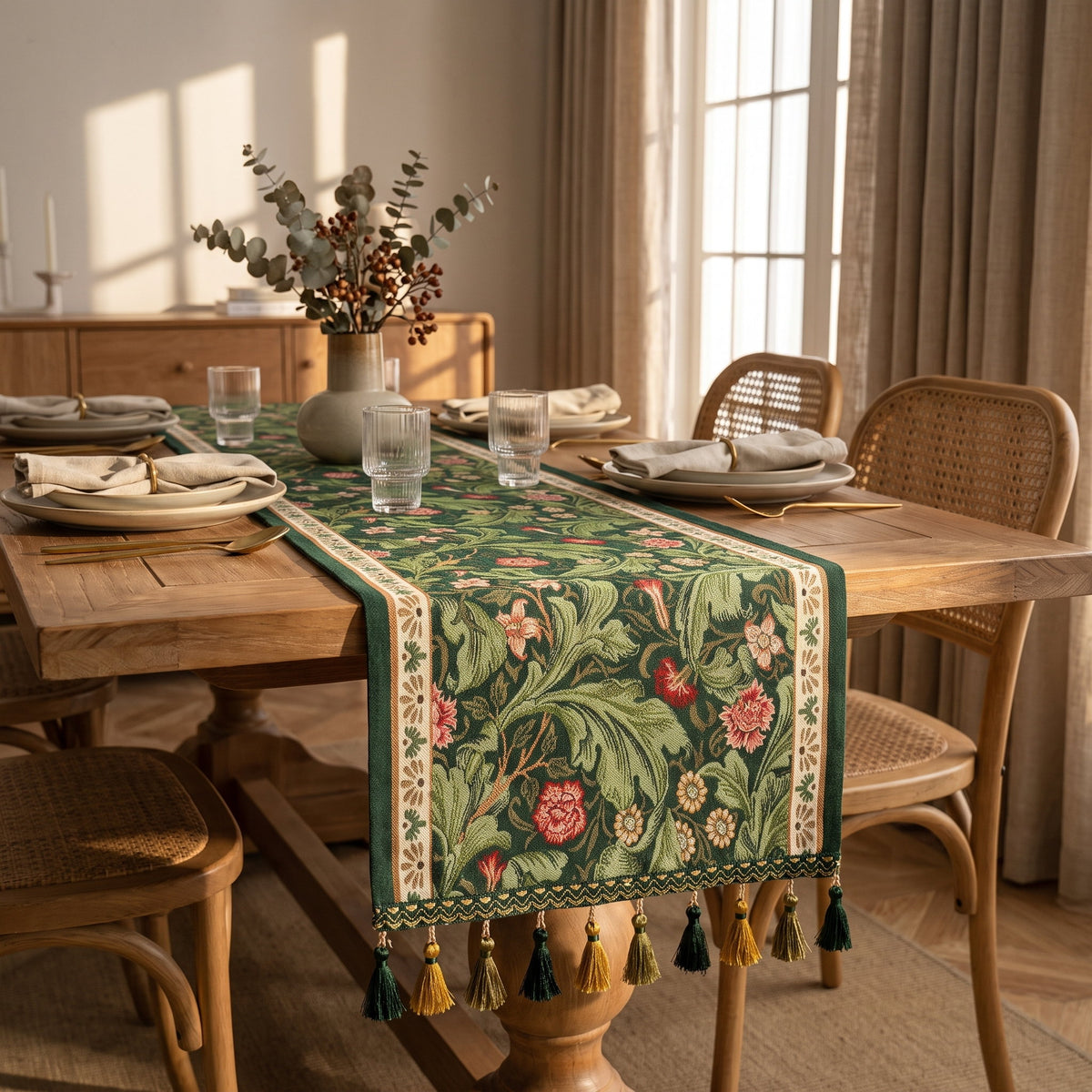 Green embroidered vine runner on a laid oak dining table in warm light, Style Room