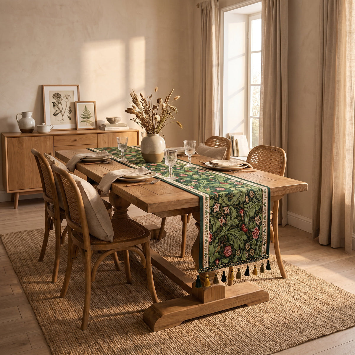 Dining room with the Fiora green embroidered vine runner on an oak table, Style Room