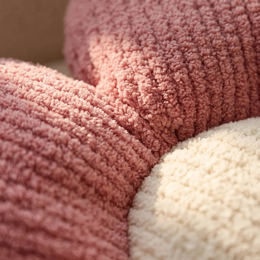 Close-up of the chunky chenille knit petals and cream centre of the Flora cushion, Style Room
