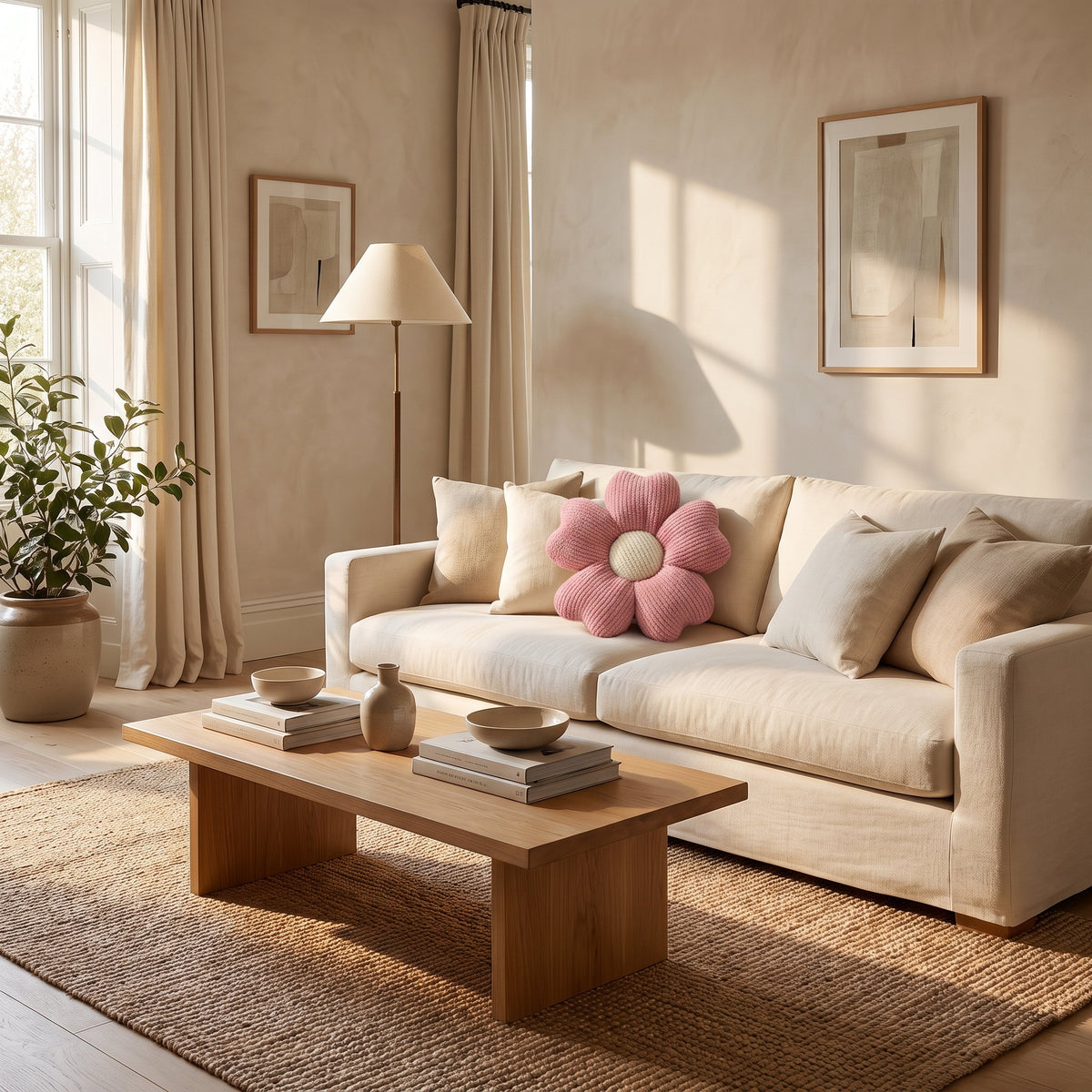Styled sitting room with the Flora pink flower cushion on a linen sofa, Style Room